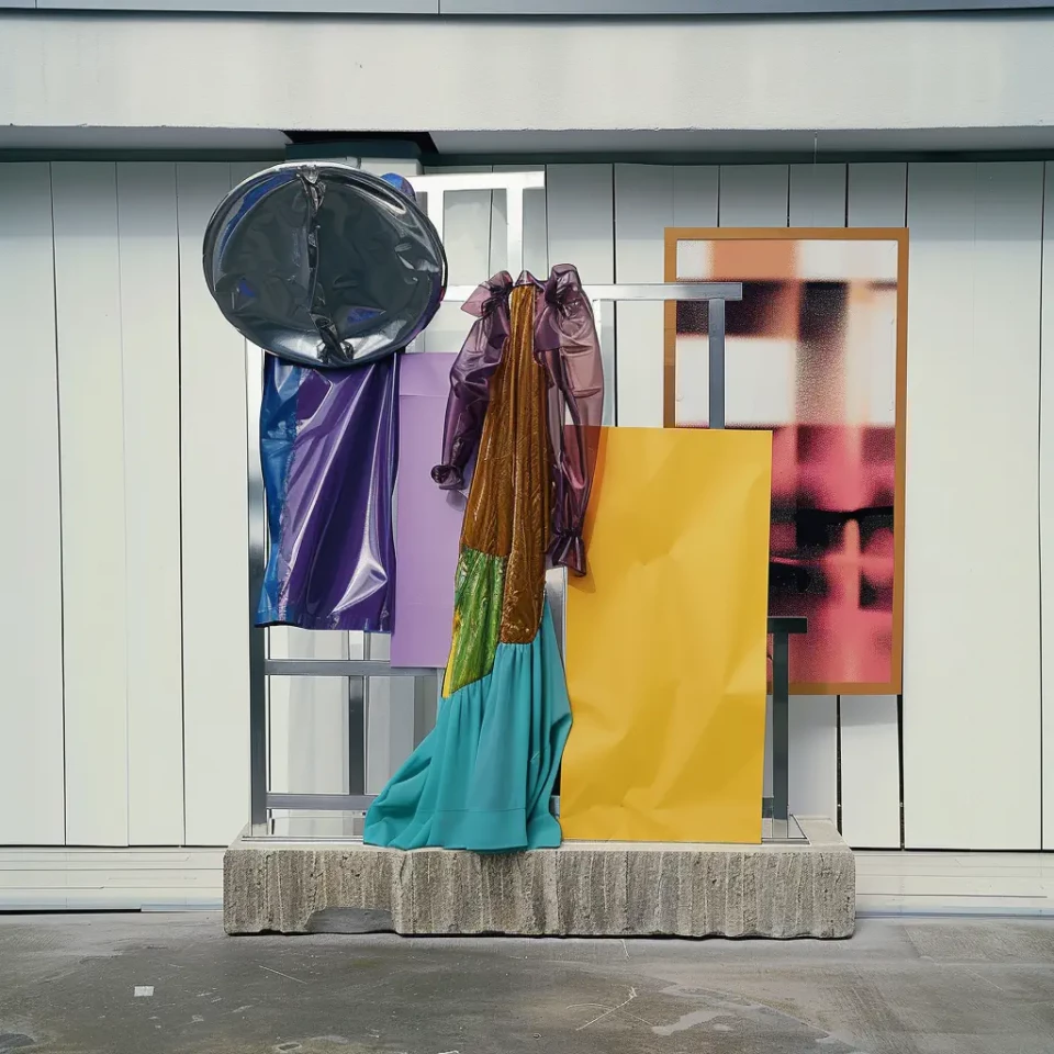 Moderne Kunstinstallation vor einer weißen Fassade mit aufgehängten farbigen Textilien in Blau, Violett, Gelb und Türkis, geometrischen Rahmen in Orange und Grau sowie einem dunklen runden Objekt oben.