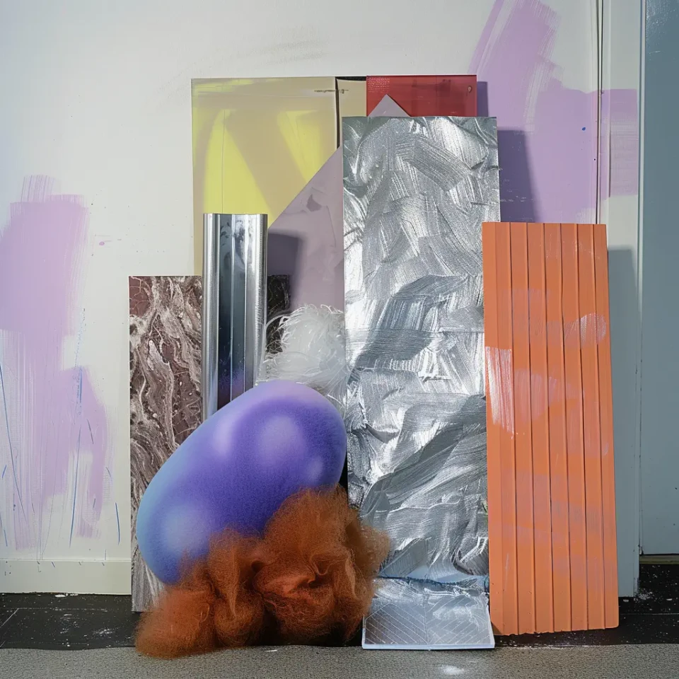 Ein abstraktes Kunstwerk mit einer roten Poodle-Skulptur im Vordergrund, die teilweise von einer großen blauen Kugel verdeckt wird. Im Hintergrund sind verschiedene farbige Materialplatten und Texturen angeordnet, darunter gelbe, orangefarbene und graue Elemente. Die Komposition spielt mit Überlagerungen und räumlichen Beziehungen zwischen den Objekten.