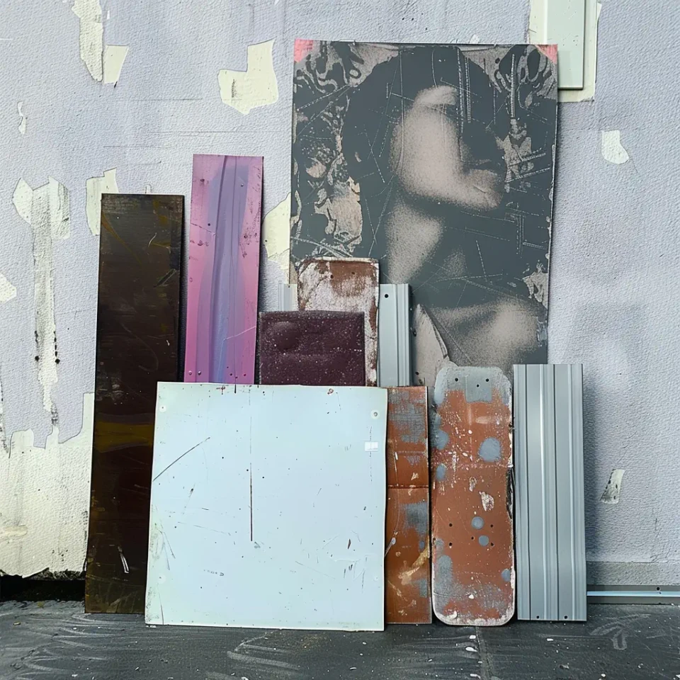Sammlung von überlagerten Materialmustern und Farbfeldern an einer Wand, darunter Fotografie, Papierproben in Rosa, Weiß und Braun sowie Strukturmuster, arrangiert auf grauem Untergrund mit sichtbaren Klebebändern.