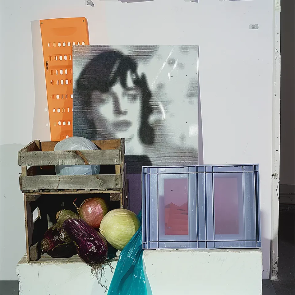 Eine Collage an einer weißen Wand kombiniert ein schwarzweißes Porträt einer Frau, ein orangefarbenes durchbrochenes Kunststoffelement, einen hölzernen Obst- und Gemüsekorb mit frischen Produkten, ein blaues Gitterraster und ein türkisfarbenes textiles Element.