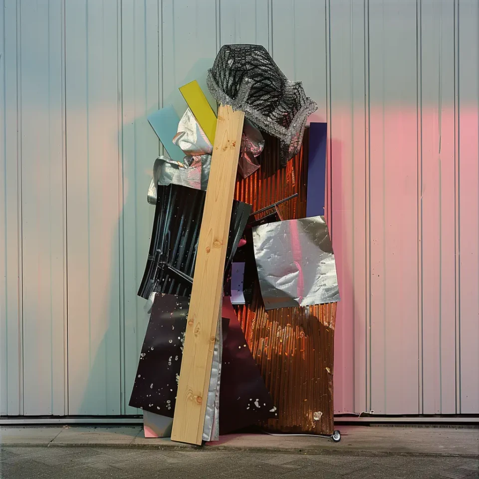 Eine Assemblage aus verschiedenen Materialien und Objekten - darunter ein Holzbrett, schwarze und rote Stoffe, Metallteile und Kunststoffelemente - lehnt an einer vertikal gestreiften grauen Metallwand. Bunte Farbflächen in Türkis, Gelb und Rosa scheinen hinter oder durch die Komposition hindurch. Die Anordnung wirkt wie eine abstrakte Kunstinstallation oder Collage.