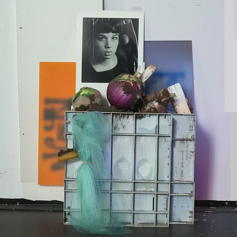 Eine Kunstinstallation mit einem metallenen Gitterkasten, der grüne Stoffe, zwei violette Kugeln und andere Objekte enthält. Dahinter stehen ein schwarzweißes Porträtfoto und farbige Papierstücke in Orange und Blau an einer weißen Wand. Die Komposition verbindet fotografische und dreidimensionale Elemente zu einer mehrdimensionalen Arbeit.