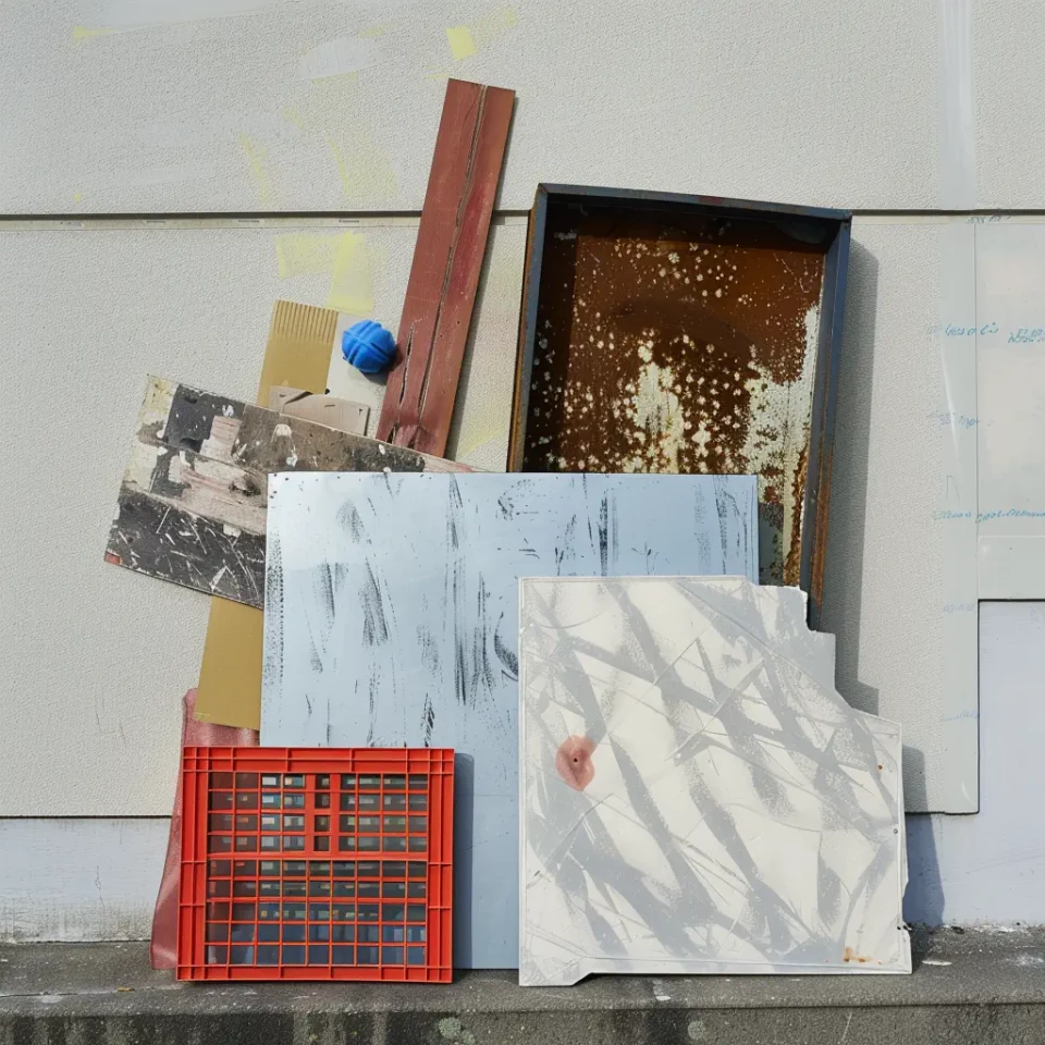Verschiedene Materialien und Objekte sind auf einem weißen Untergrund arrangiert: alte Schwarzweißfotografien, ein rotes Kunststoffgitter, Holzstücke in Braun und Beige, eine weiße bemalte Platte mit Bleistiftstrichen, eine blaue Kugel und eine rostbraune Metallfläche. Die Anordnung wirkt wie eine künstlerische Komposition aus unterschiedlichen Texturen und Farben.