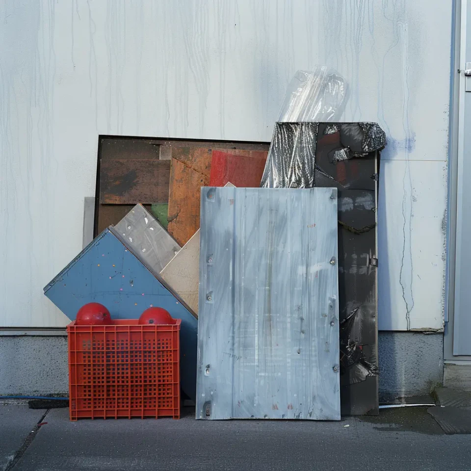 Verschiedene Materialien und Gegenstände sind an einer weißen Wand gestapelt, darunter ein rotes Kunststoffgitter, blaue und braune Platten, metallische Bleche und in Folie verpackte Gegenstände. Die Anordnung wirkt wie eine zufällige Lagerung von Baumaterialien und Abfallstoffen.