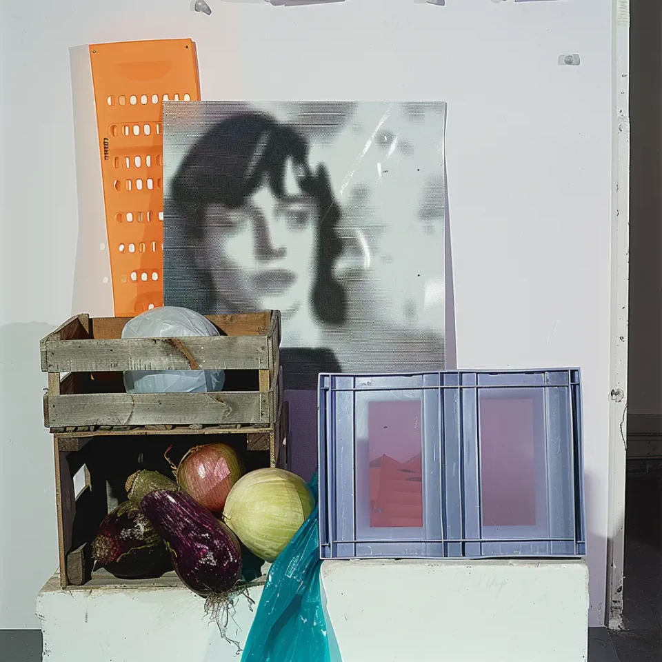 Eine Collage an einer weißen Wand kombiniert ein schwarzweißes Porträt einer Frau, ein orangefarbenes durchbrochenes Kunststoffelement, einen hölzernen Obst- und Gemüsekorb mit frischen Produkten, ein blaues Gitterraster und ein türkisfarbenes textiles Element.