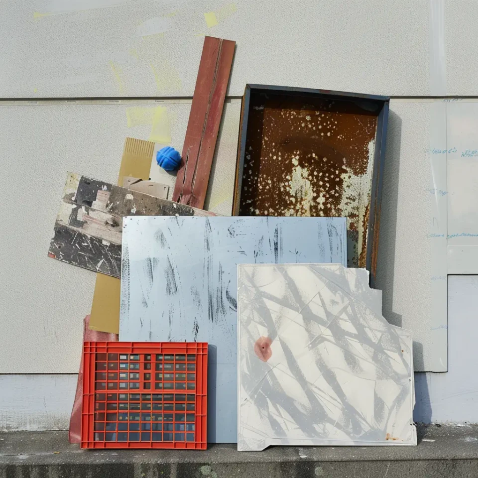 Verschiedene Materialien und Objekte sind auf einem weißen Untergrund arrangiert: alte Schwarzweißfotografien, ein rotes Kunststoffgitter, Holzstücke in Braun und Beige, eine weiße bemalte Platte mit Bleistiftstrichen, eine blaue Kugel und eine rostbraune Metallfläche. Die Anordnung wirkt wie eine künstlerische Komposition aus unterschiedlichen Texturen und Farben.