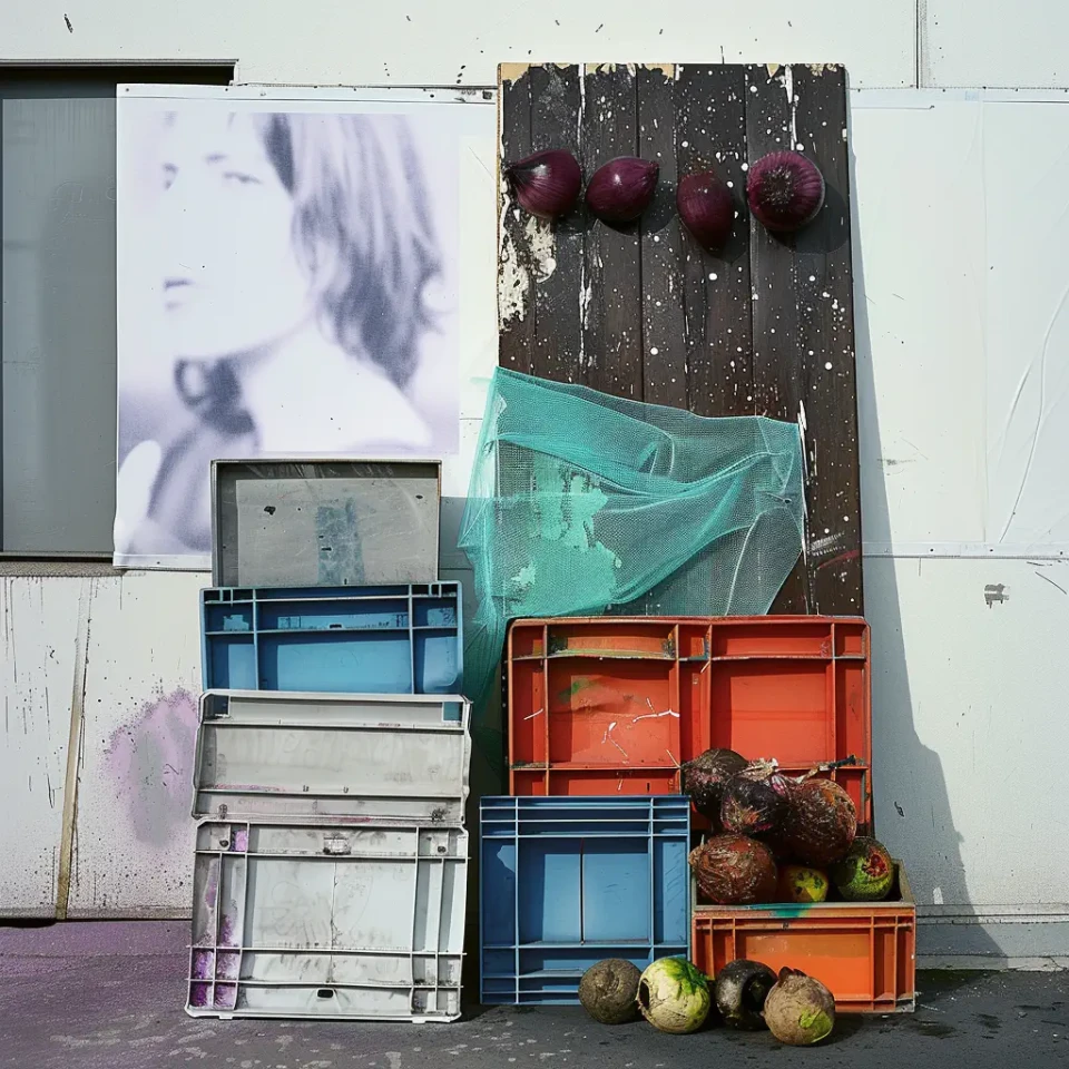 Eine Wandinstallation mit überlagerten Elementen: Ein Schwarz-Weiß-Porträt einer Frau oben links, darunter gestapelte Kunststoffkisten in Blau und Orange, eine grüne Netzplane, dunkle Bretter mit vier roten Äpfeln und grüne Äpfel am Boden.