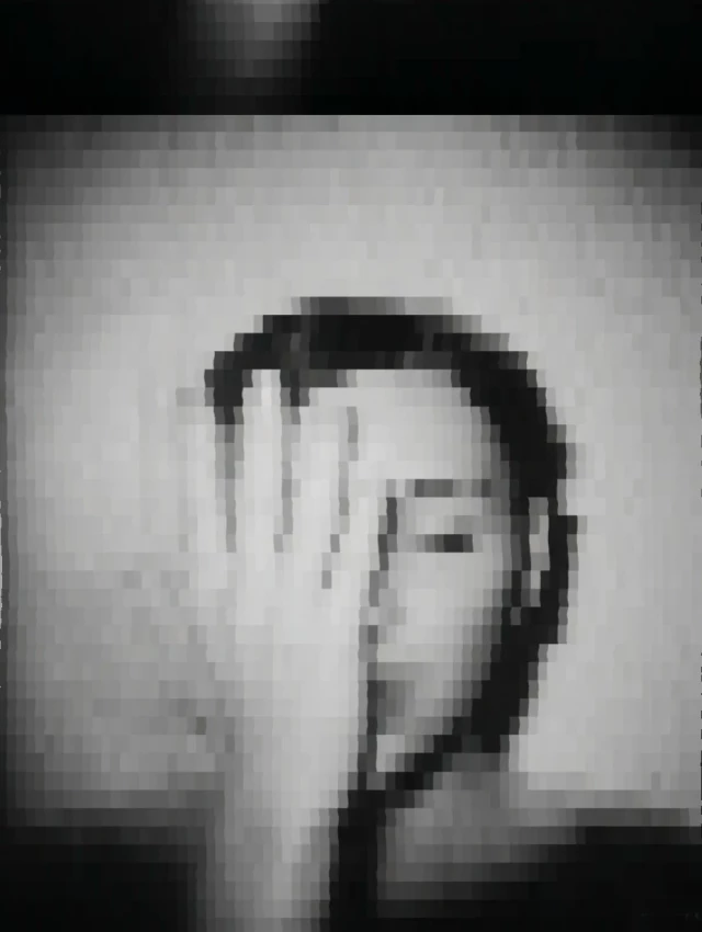 Eine pixelierte schwarzweiße Fotografie eines Gesichtsprofils mit einer Hand vor dem Auge. Die Aufnahme wirkt experimentell und abstrahiert durch starke Körnung und niedrige Auflösung.