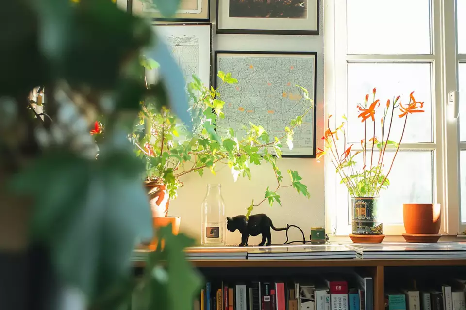 Das Bild zeigt eine schwarze Raubkatze, die in einem auf einem Regal sitzt, umgeben von Zimmerpflanzen, Büchern und einem Blumentopf. Die Katze blickt in Richtung Fenster.