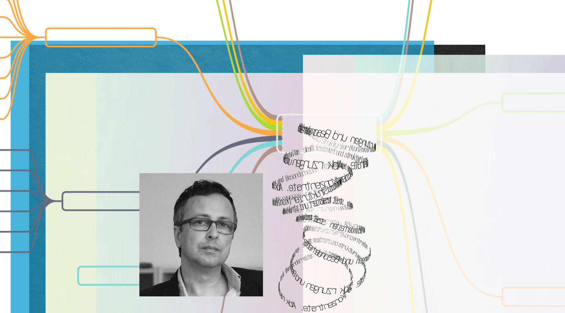 Foto Matthias Ring Hamburg IconScreen – Fotografie ist calloagiert mit mit Textelementen, Auszügen einer SiteMap und farbigen Flächen.