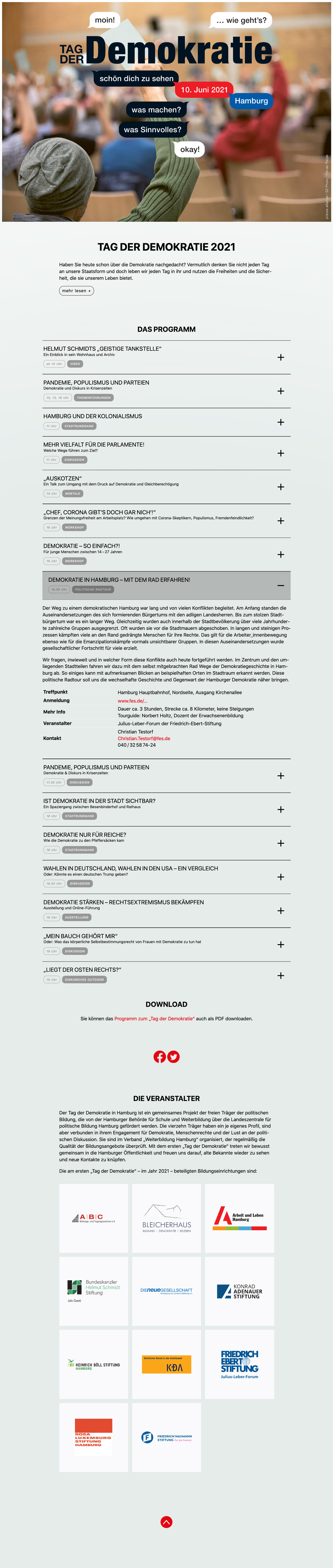 WebSite, Tag der Demokratie Hamburg 2021, Veranstaltungsdesign politische Bildung
