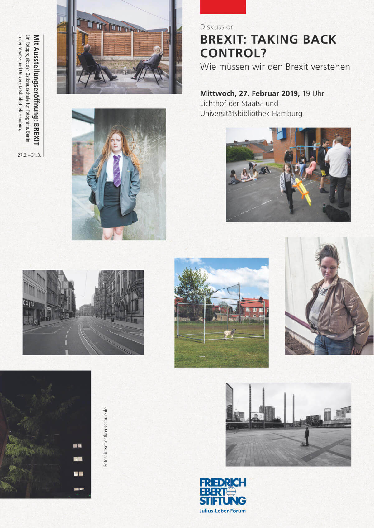 Flyer zum Thema BREXIT: Taking Back Control? Abgebildet sind verschiedene Fotografien der Fotoschule Ostkreuz aus Berlin