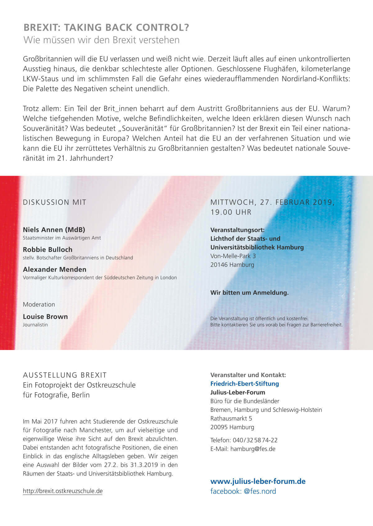 Rückseite Flyer zum Thema BREXIT; Text und britische Fahne als Hintergrund