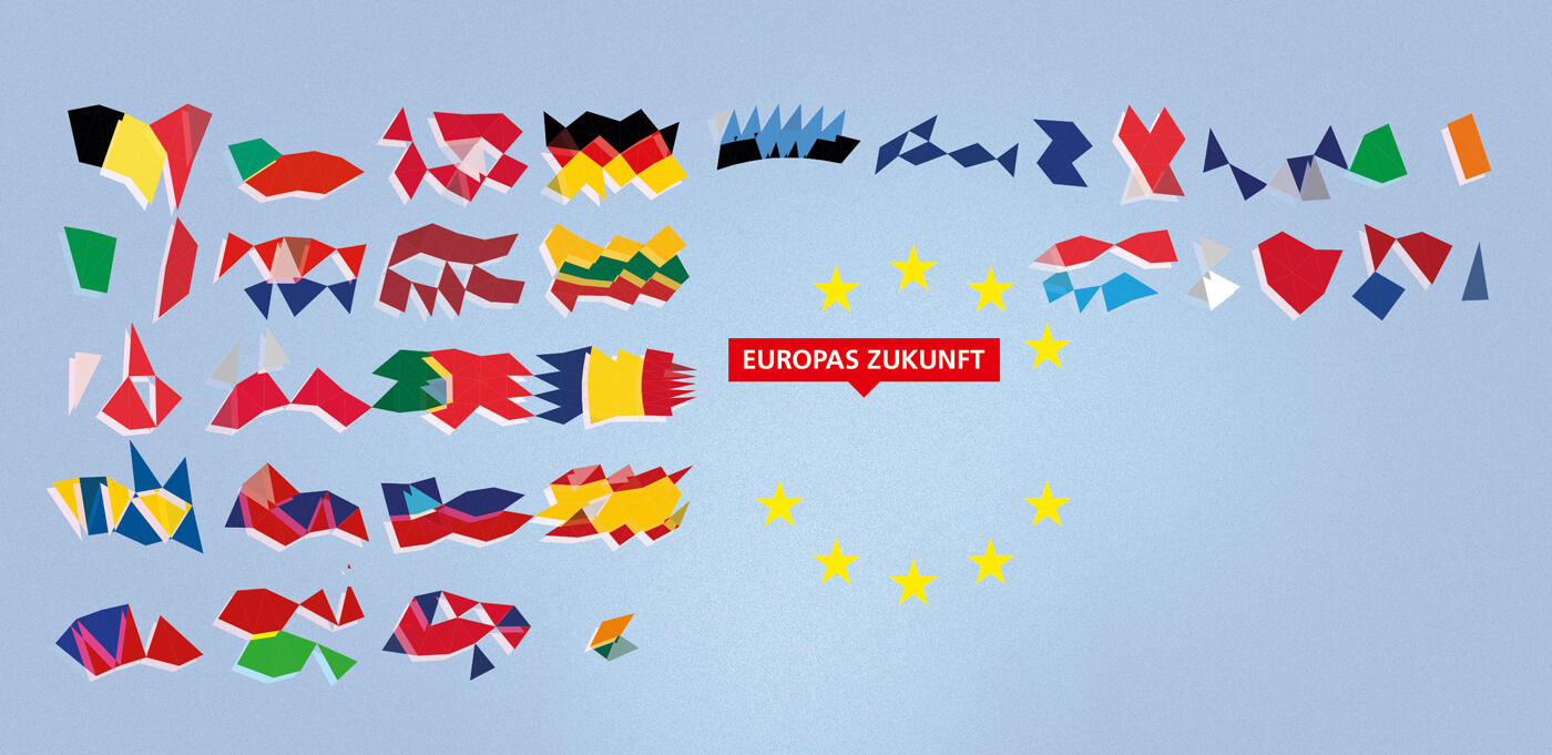 Flyer politische Bildung, Europa. Stilisierte Flaggen der EU, künstlerisch verfremdet, auf hellblauem Grund