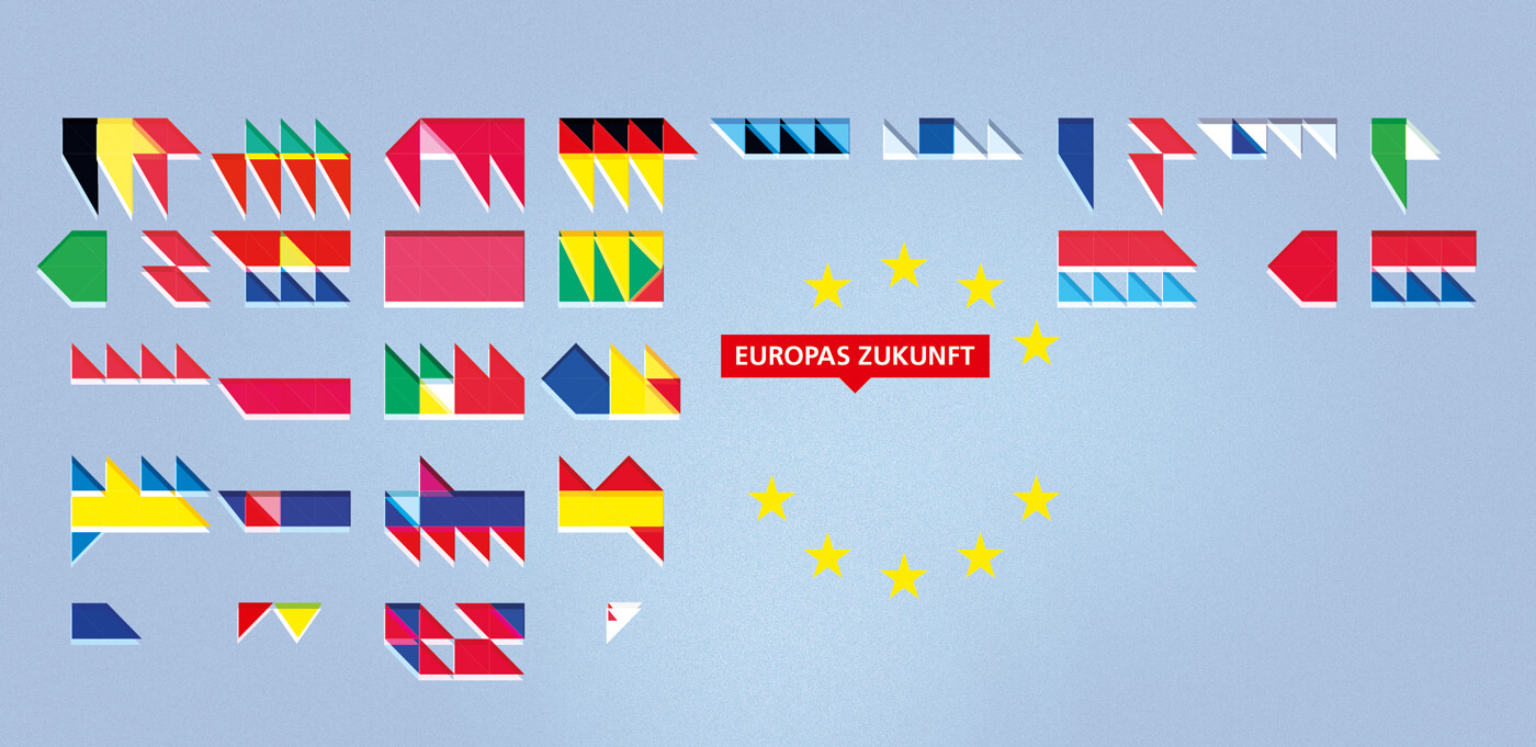 Flyer politische Bildung, Europa. Stilisierte Flaggen der EU, künstlerisch verfremdet, auf hellblauem Grund
