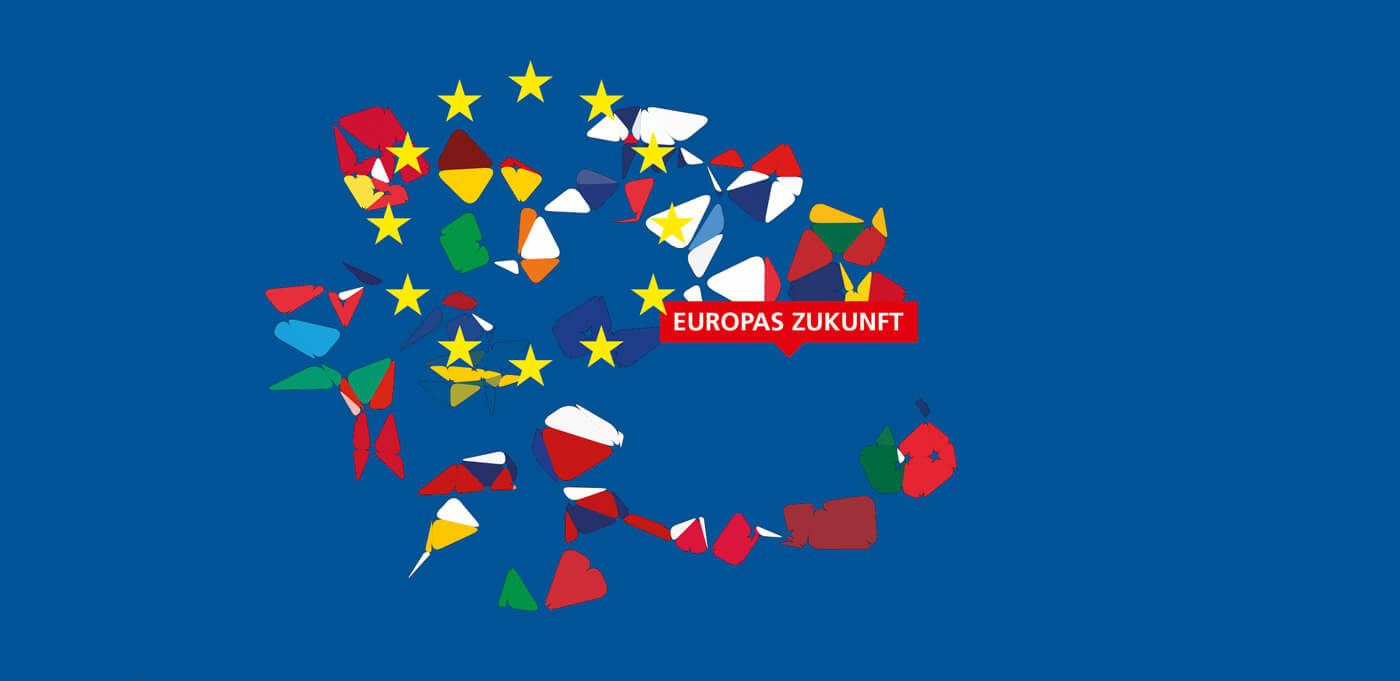 Flyer politische Bildung, Europa. Stilisierte Flaggen der EU, künstlerisch verfremdet – wie Miro –, auf dunkelblauen Grund, Variante 1
