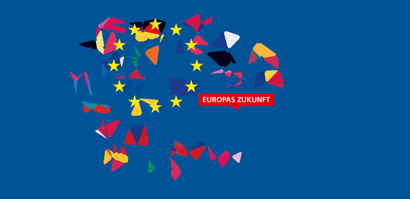 Flyer politische Bildung, Europa. Stilisierte Flaggen der EU, künstlerisch verfremdet – wie Miro –, auf dunkelblauen Grund, Variante 2
