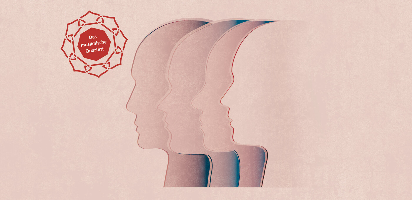 Flyer politische Bildung, muslimischer Gesprächskreis. 4 stilisierte Köpfe nebeneinander nach links blickend