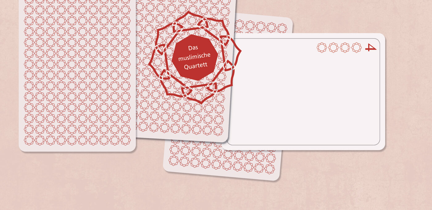 Flyer politische Bildung, muslimischer Gesprächskreis. 4 Quartett Karten. Rückseite mit arabischen Ornamenten