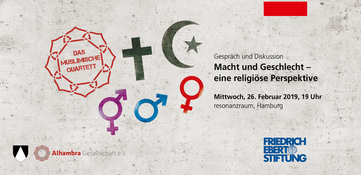 Flyer politische Bildung, muslimischer Gesprächskreis. Christliches und muslimisches Symbol in Konfrontation mit den Gendersymbolen: Mann, Frau, drittes Geschlecht