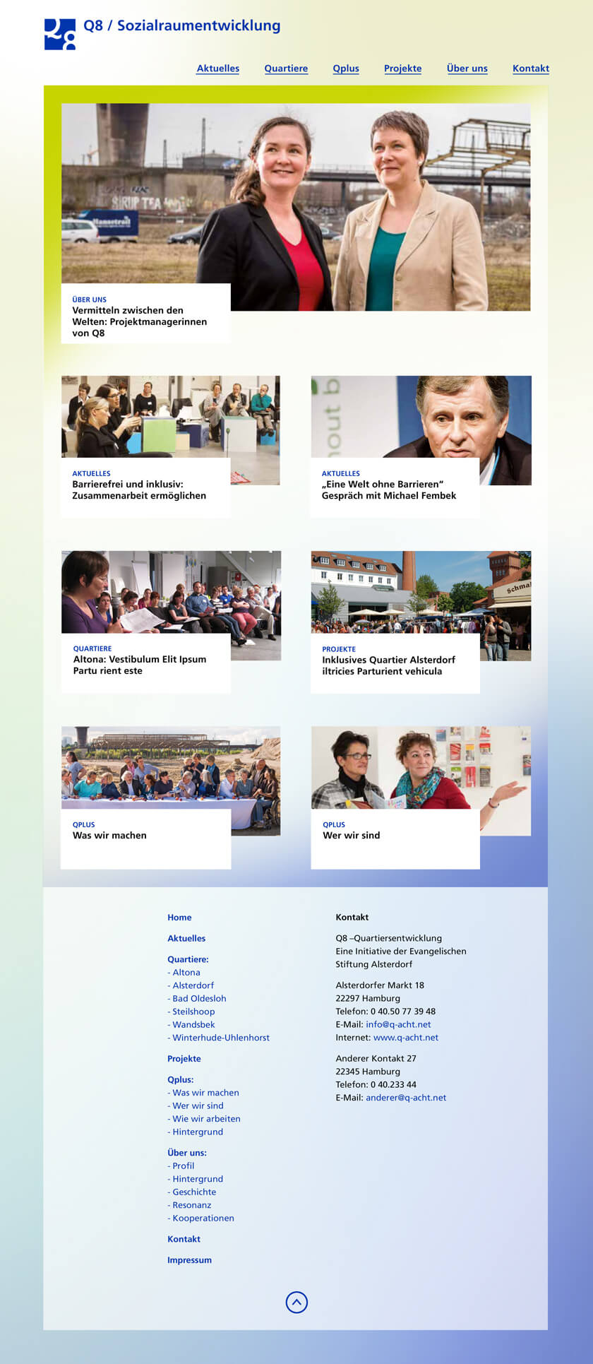 Screenshot WebDesign soziale Einrichtungen, Stadtentwicklung Q8 Sozialraumorientierung Entwurf der Startseite