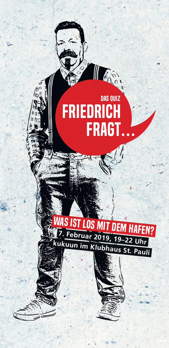 Flyer politische Bildung, Kneipenquiz. Friedrich Ebert kontrastreiche Strichzeichnung auf rauhem Untergrund; mit Text: Friedrich fragt