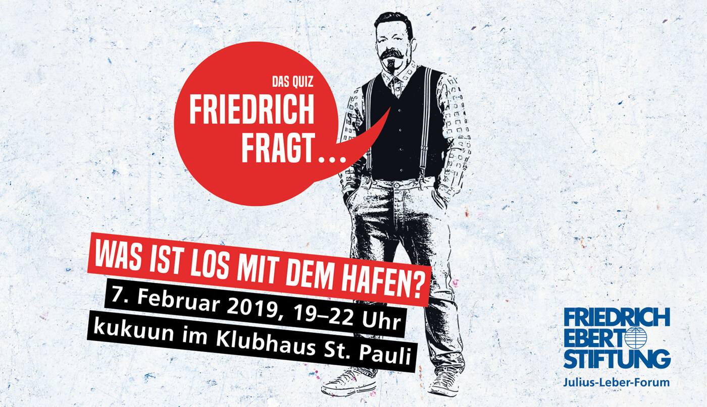 Flyer politische Bildung, Kneipenquiz. Kopfbild Newsletter EInladung: Friedrich Ebert kontrastreiche Strichzeichnung auf rauhem Untergrund; mit Text Friedrich fragt und Daten der Veranstaltung