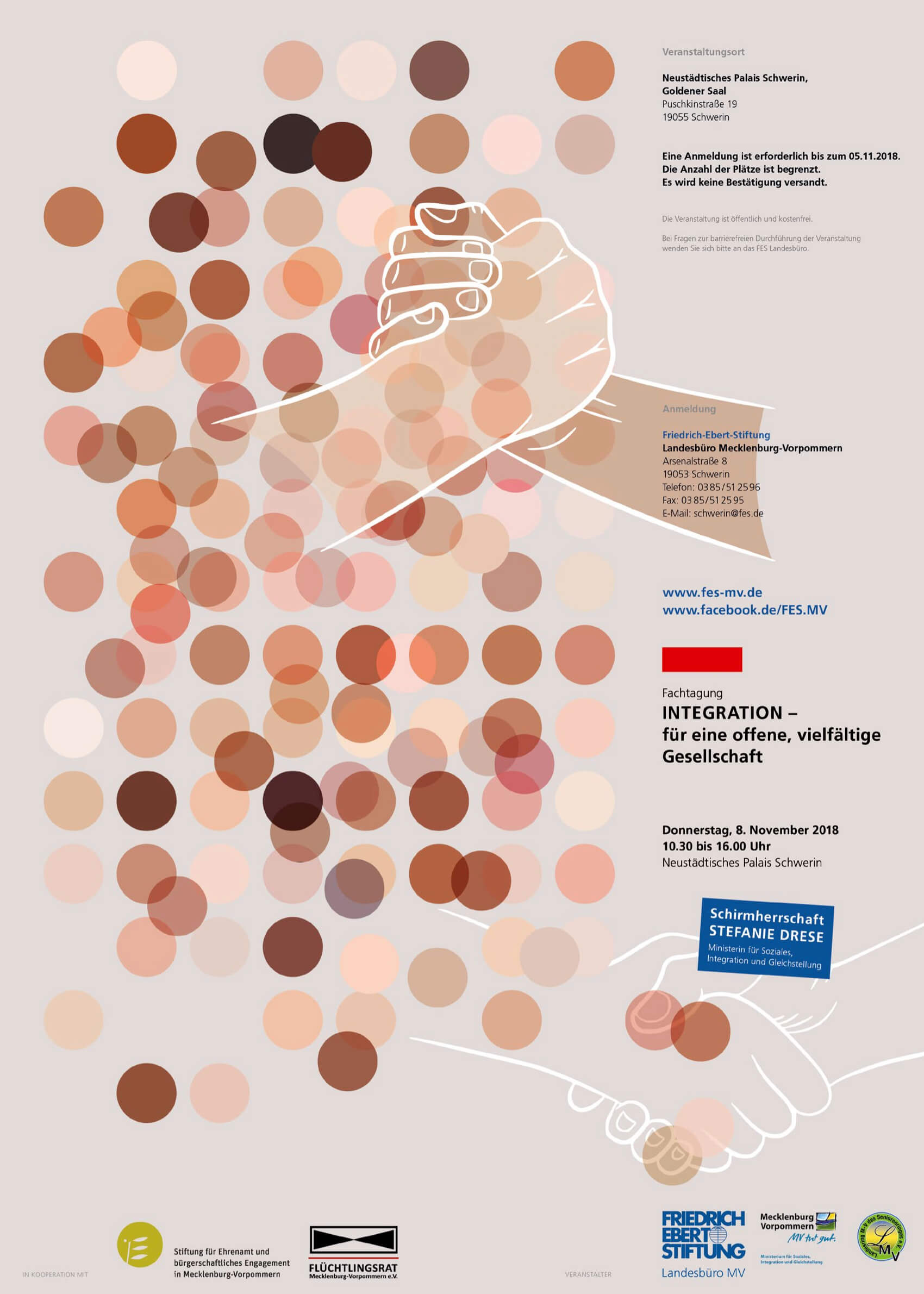 Flyer politische Bildung Integration: sich einschlagende Hände als Strichzeichnung auf verschieden farbigen Kreisen (menschliche Hauttöne)