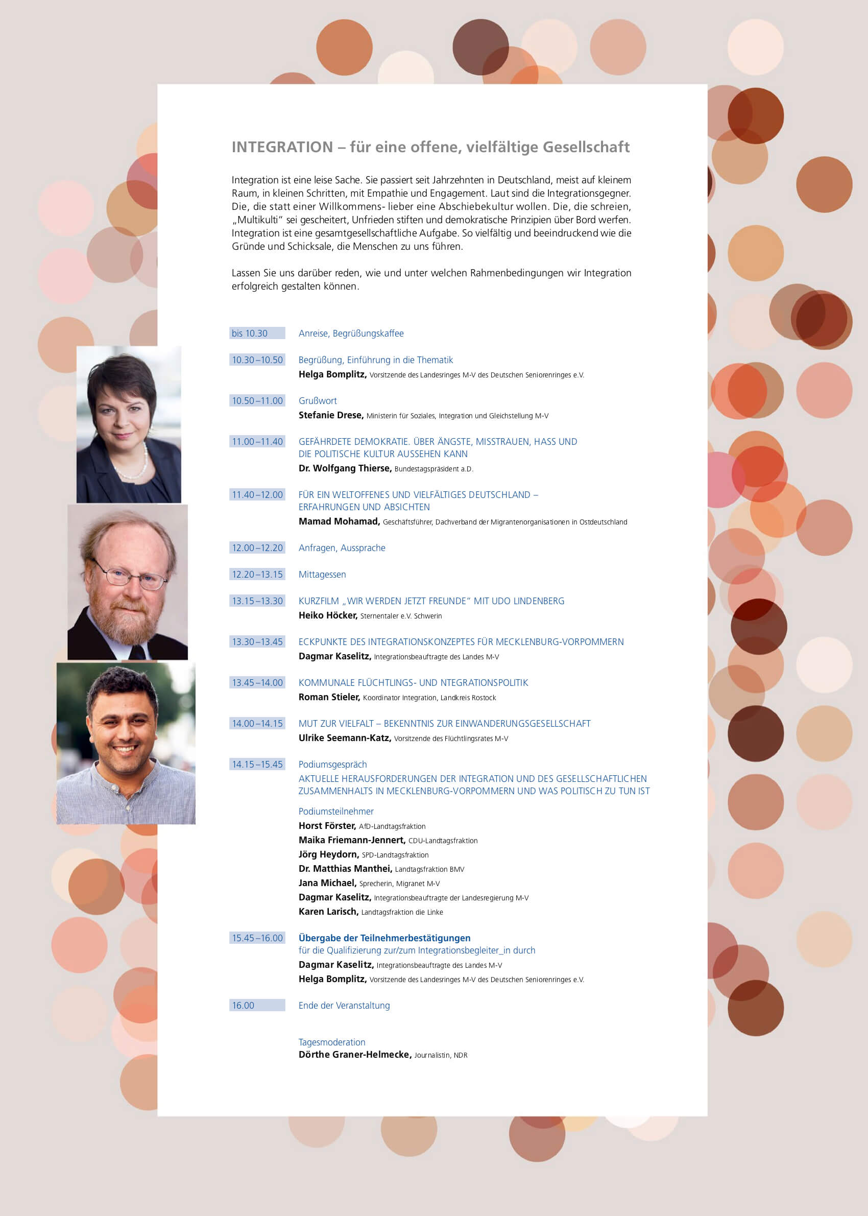 Flyer politische Bildung Integration: Rückseite, verschieden farbigen Kreisen, Text und Fotografien der an der Veranstaltung teilnehmenden Diskutanten
