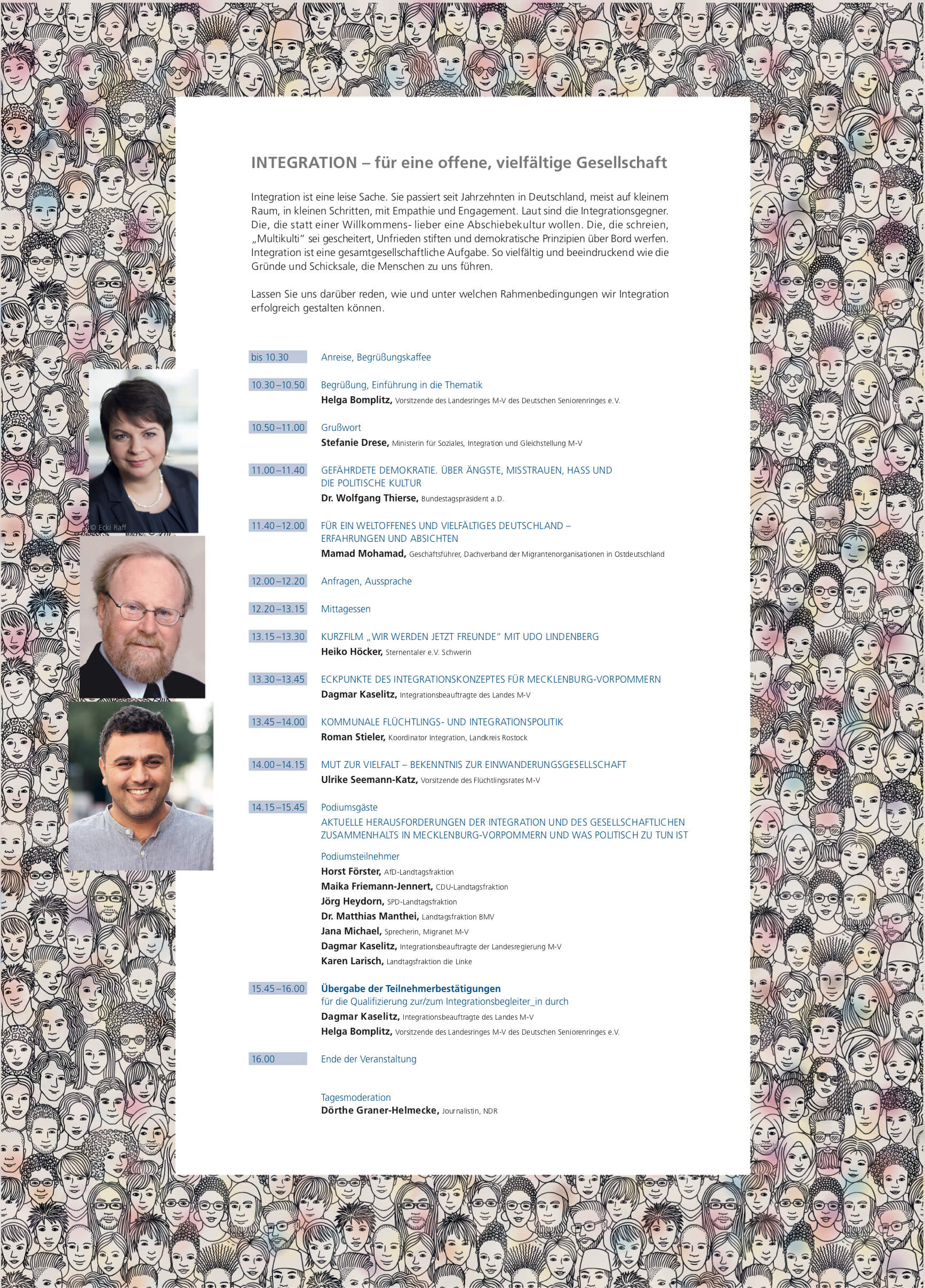 Flyer politische Bildung, Integration, Alternative. Rückseite: sehr viele verschieden Köpfe als Strichzeichnung, Text und Fotografien der teilnehmenden Diskutanten