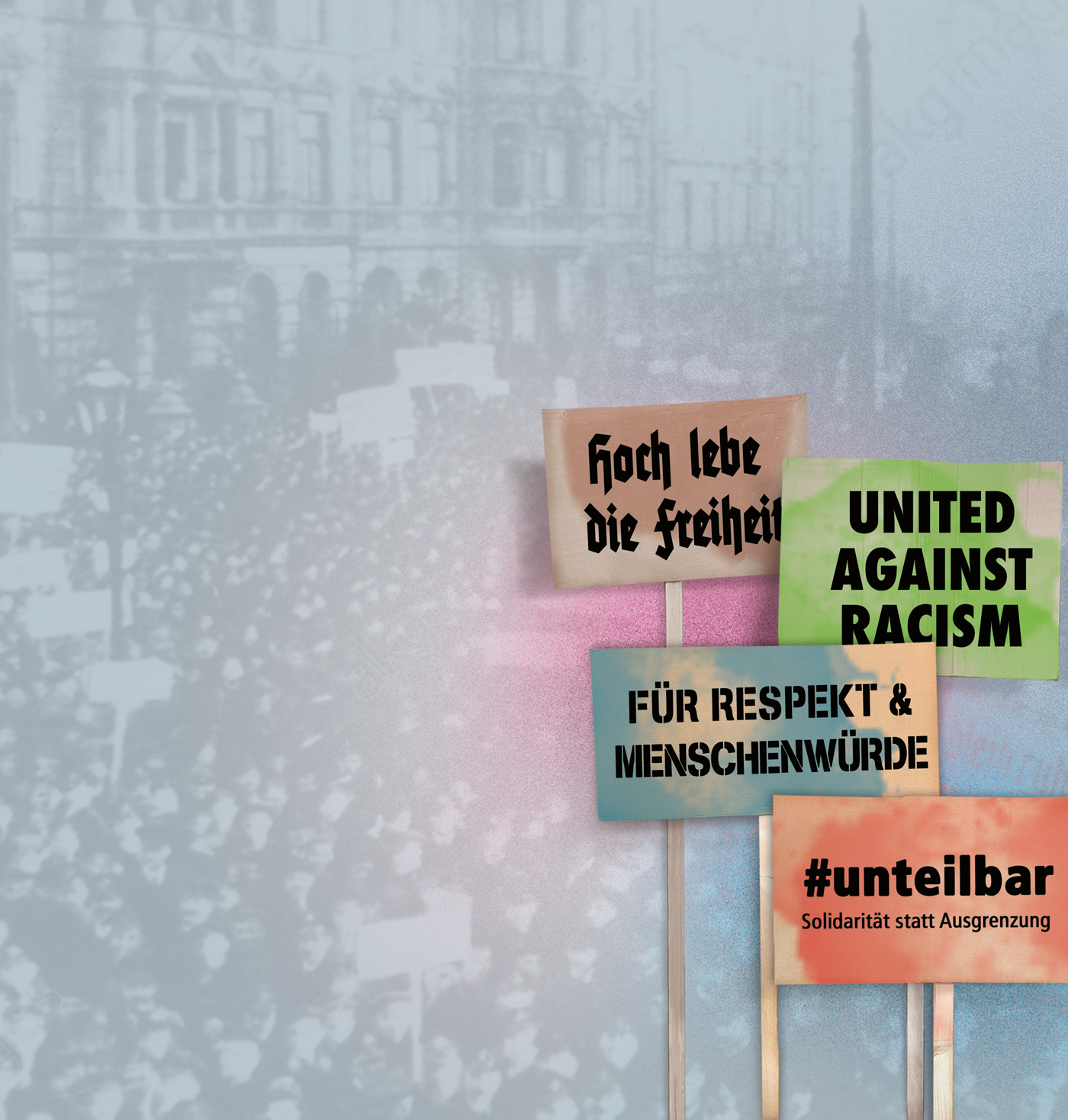 Flyer politische Bildung. Matrosenaufstand Kiel in Bezug gesetzt zu aktuellen Demonstrationen in Deutschland 2019: Unteilbar, United against Racism. Aktuelle Plakate auf alter Fotografie.