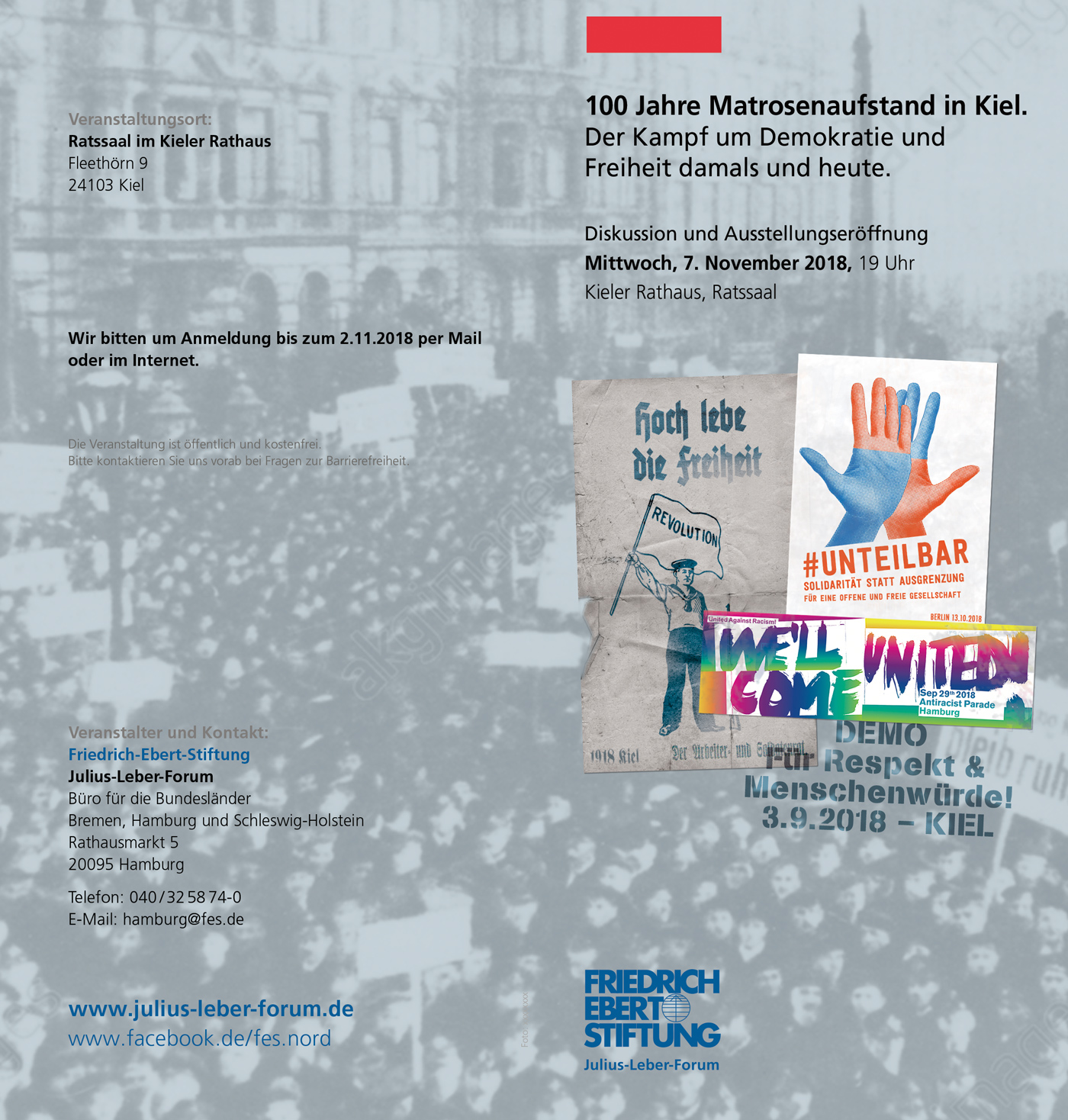 Flyer politische Bildung. Matrosenaufstand Kiel vs. aktuelle Demonstrationen in Deutschland 2019: Unteilbar, United against Racism. Aktuelle Plakate auf alter Fotografie.