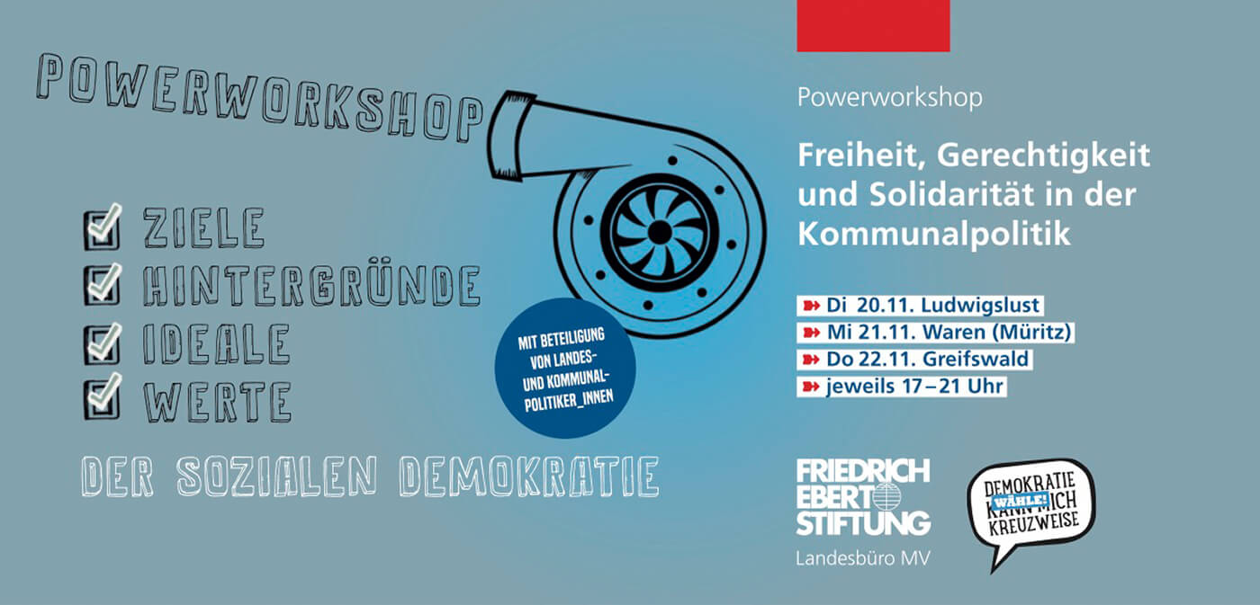 Flyermotiv: Workshop zu einer Veranstaltung Kommunalpolitik; abgebildet ist ein Gebläse das Begriffe aus der Veranstaltung heraus bläst