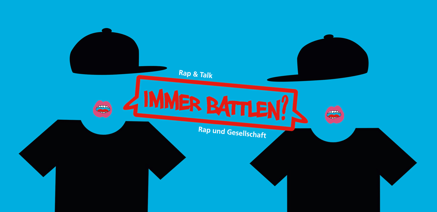 Flyermotiv: Rap als Form der gesellschaftlichen Auseinandersetzung; 2 stilisierte, illustrierte Rapper mit Basecap und Sprechblase