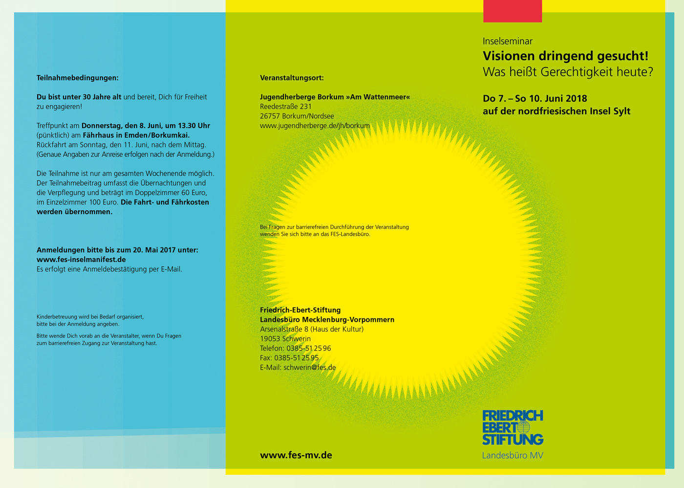 Flyermotiv neutrale, rein grafische Gestaltung; gelb und blauer Hintergrund mit freier sonnenartiger illustration