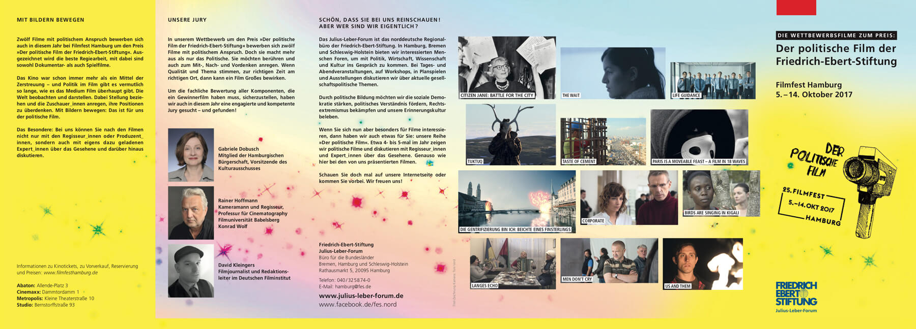 Flyer Vorderseite Filmfest zum politischen Film 2017; Text und Screen-Stills der gezeigten Filme im asymmetrisches Rasterlayout; Farben gelb und hellblau