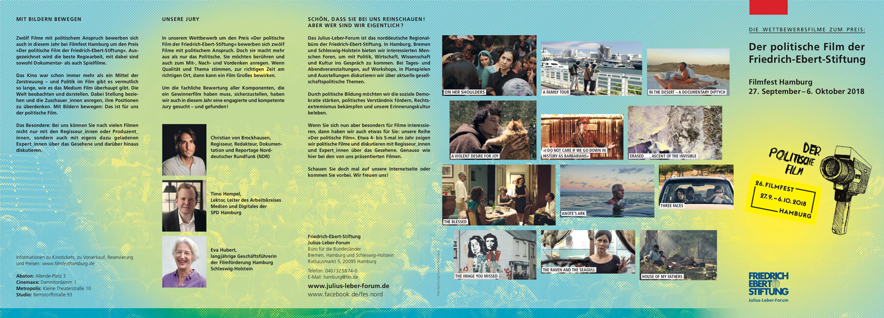 Flyer Vorderseite Filmfest zum politischen Film 2018; Text und Screen-Stills der gezeigten Filme im asymmetrisches Rasterlayout; Farben gelb und hellblau