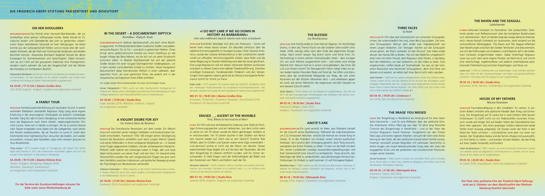 Flyer Rückseite Filmfest zum politischen Film 2018; Text auf gelb und hellblau