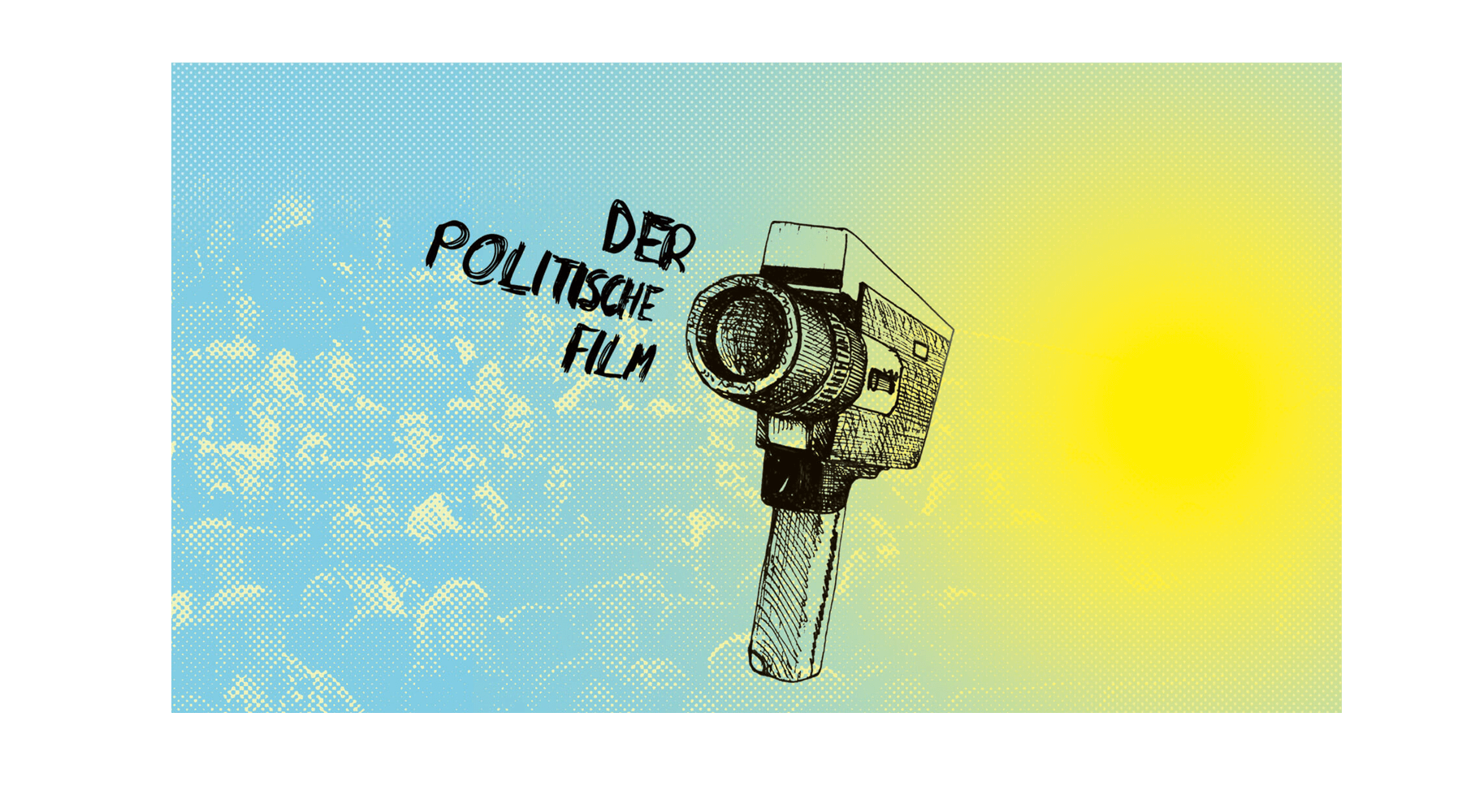 illustrierte Super8 Filmkamera, als Kugelschreiber Strichzeichnung; Hintergrund Kinopublikum abstraktiert; Farbtöne gelb und hellblau; Retro-Style