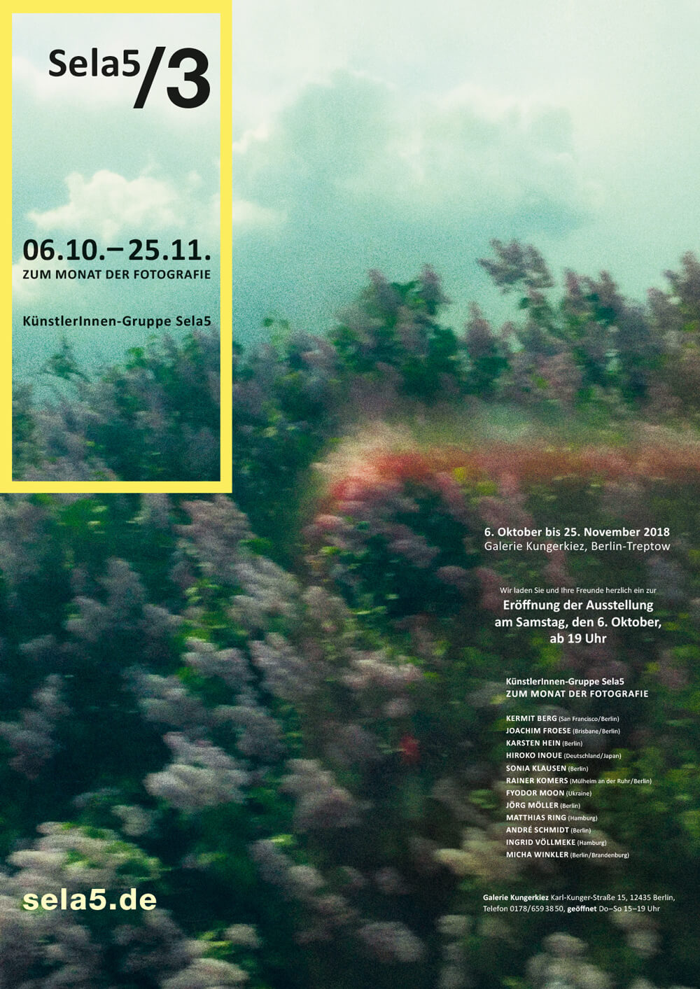 Flyer zur Fotoausstellung Sela5/3 in Berlin; DINA 3 Format auf DINA 5 faltbar