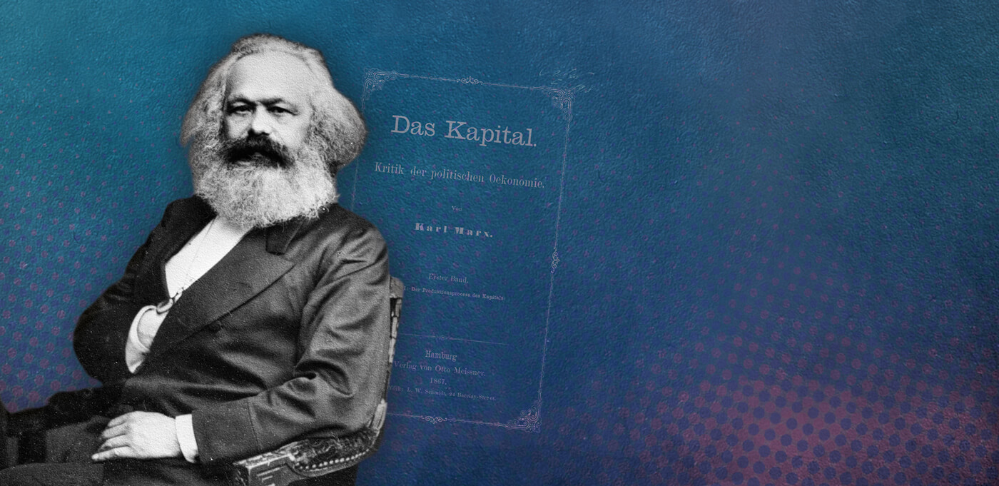 Karl Marx als als historische Collage. Im Hintergrund 