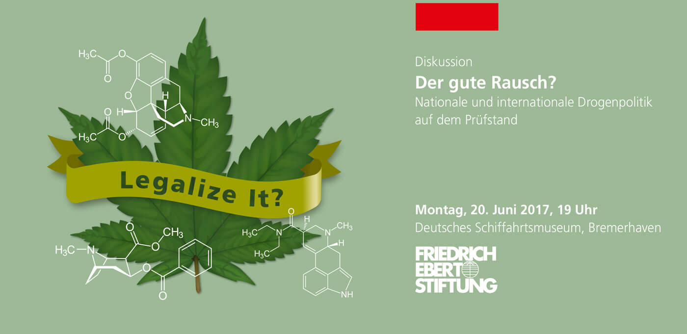 Motiv Diskussion Drogenpolitik: ein Cannabisblatt umgebehen von den chemischen Formeln illegaler Drogen. Überschrift: Legalize it?