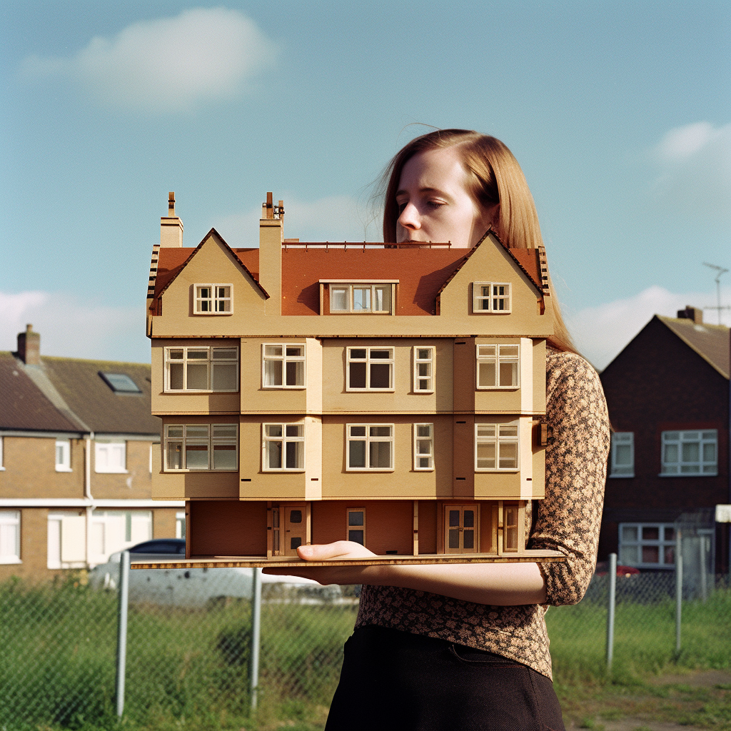 AI generated image: student posing with toy architectural object