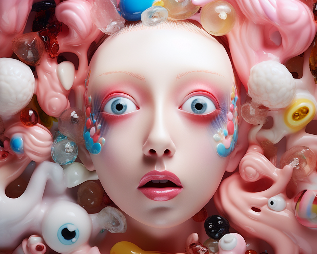 KI friendly face close-up with strange gelatinous makeup and outfits and perfect interwoven face collage, AI generated image