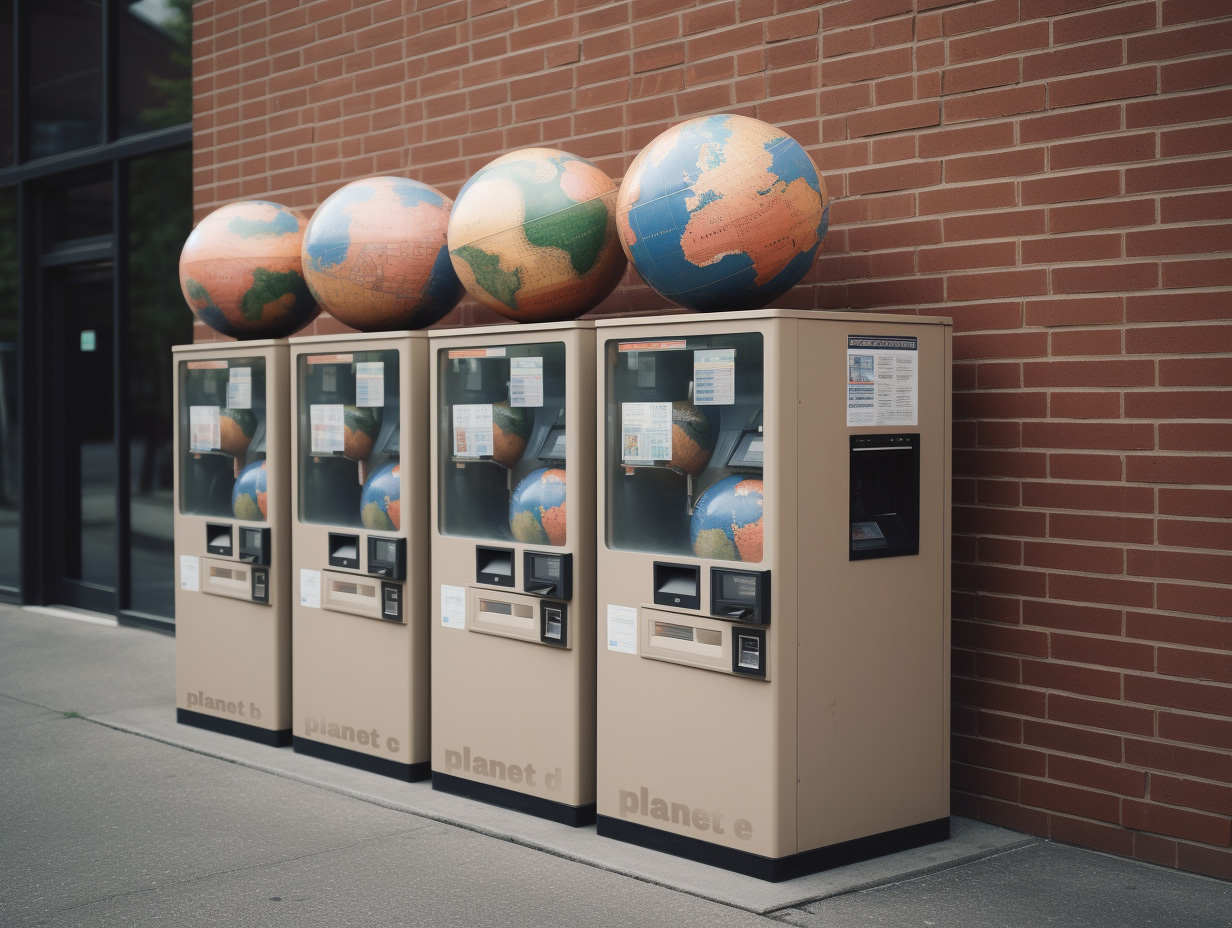 AI generated image: globe vending machines that have globes on them in front of an brick government building in Berlin, playful machines, made of plastic, fujifilm pro, melancholic aesthetic vibes, edgy climate change commentary, post-internet aesthetics, streetphotography berlin, 2023