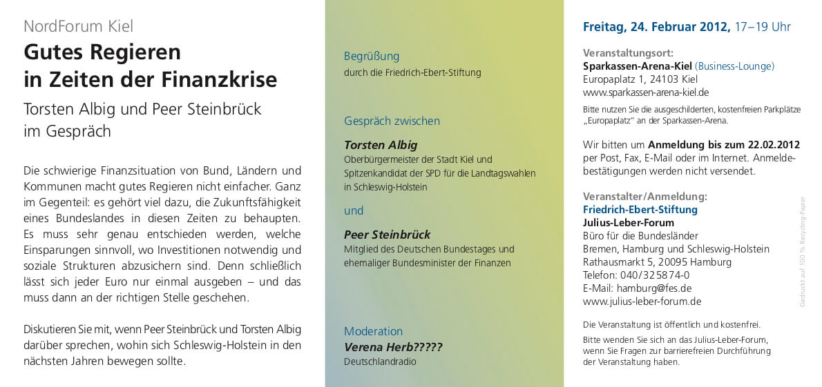 Flyer-Motiv politische Bildung: Regierungsbilanz in Kiel; Rückseite des Flyers