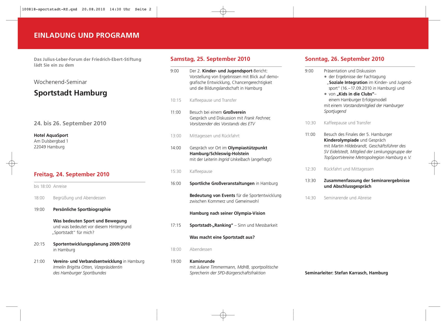 Flyer-Motiv politische Bildung: Sport in der Hansestadt Hamburg; Rückseite des Flyers