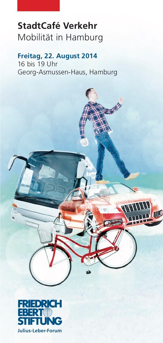 Flyer-Motiv politische Bildung: StadtCafe Verkehr - Mobilität in Hamburg; Collage mit einem Fußgänger, einem Bus, einem Fahrrad und einem Auto