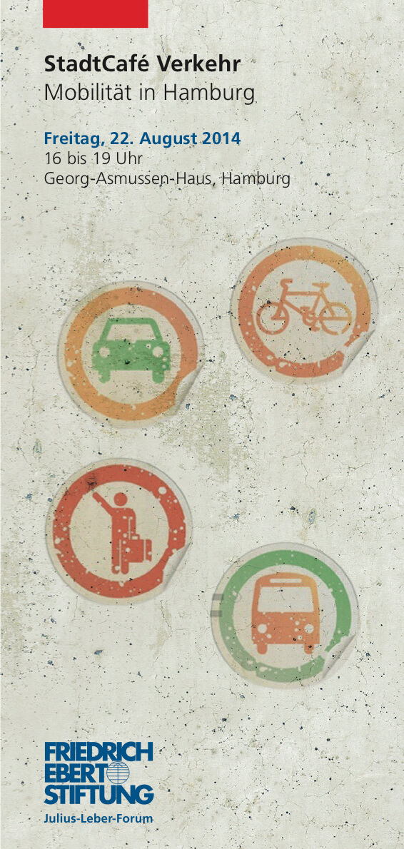 Flyer-Motiv politische Bildung: StadtCafe Verkehr - Mobilität in Hamburg; Collage 4 Verkehrsschildern: Auto, Fahrrad, Fußgänger und Bus