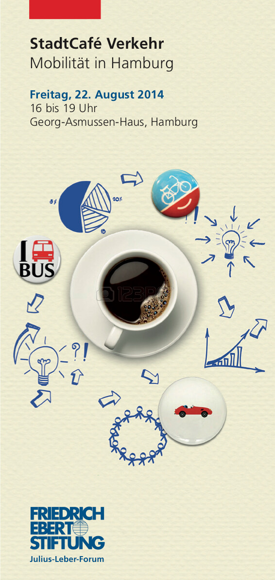 Flyer-Motiv politische Bildung: StadtCafe Verkehr - Mobilität in Hamburg; Collage mit einer Kaffeetasse und Pseudodiagrammen zum Thema Verkehr